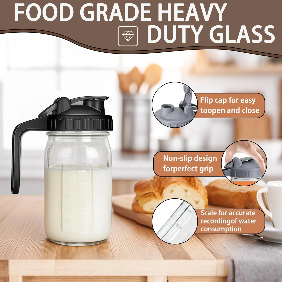 Brocca per caffè freddo, in vetro spesso, con filtro in acciaio inox, coperchio a prova di perdite, manico ergonomico per caffè freddo, tè, limonata, bevande fatte in casa (nero, 907,2 g)