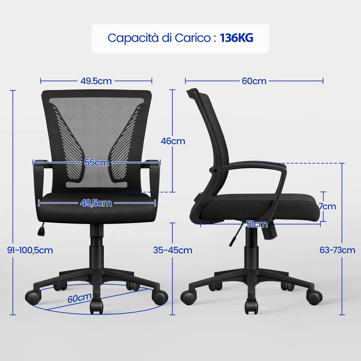 Yaheetech Sedia da Ufficio Scrivania Ergonomica Lombare in Rete Traspirante Reclinabile Altezza Regolabile Girevole con Braccioli e Ruote Portata 136 kg Nera