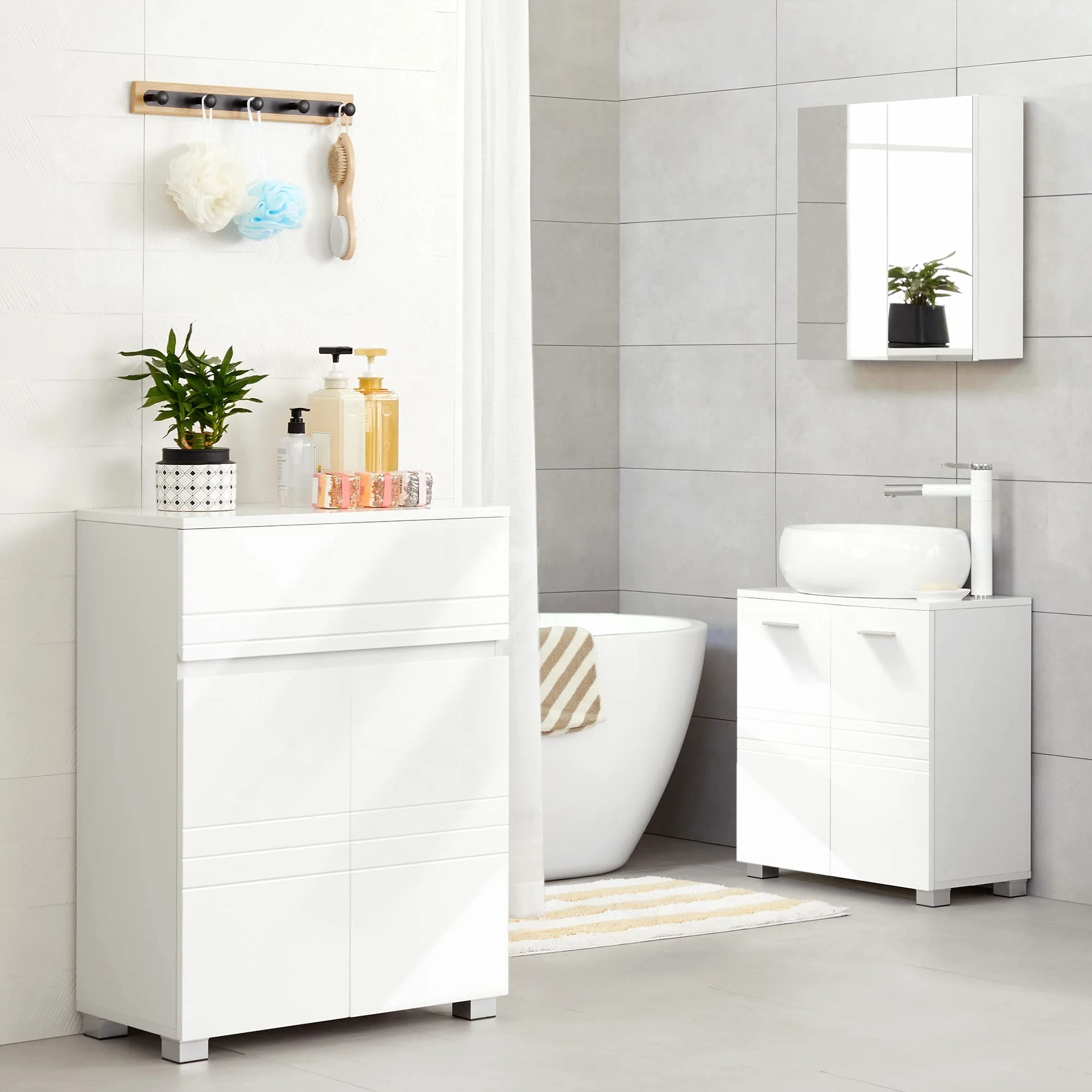 VASAGLE Armadietto da Bagno, Mobile da Bagno con Cassetto e Doppia Anta, Ripiano Regolabile, Mobiletto Multiuso per Corridoio Ingresso, 60 x 30 x 80 cm, Bianco BBK140W01