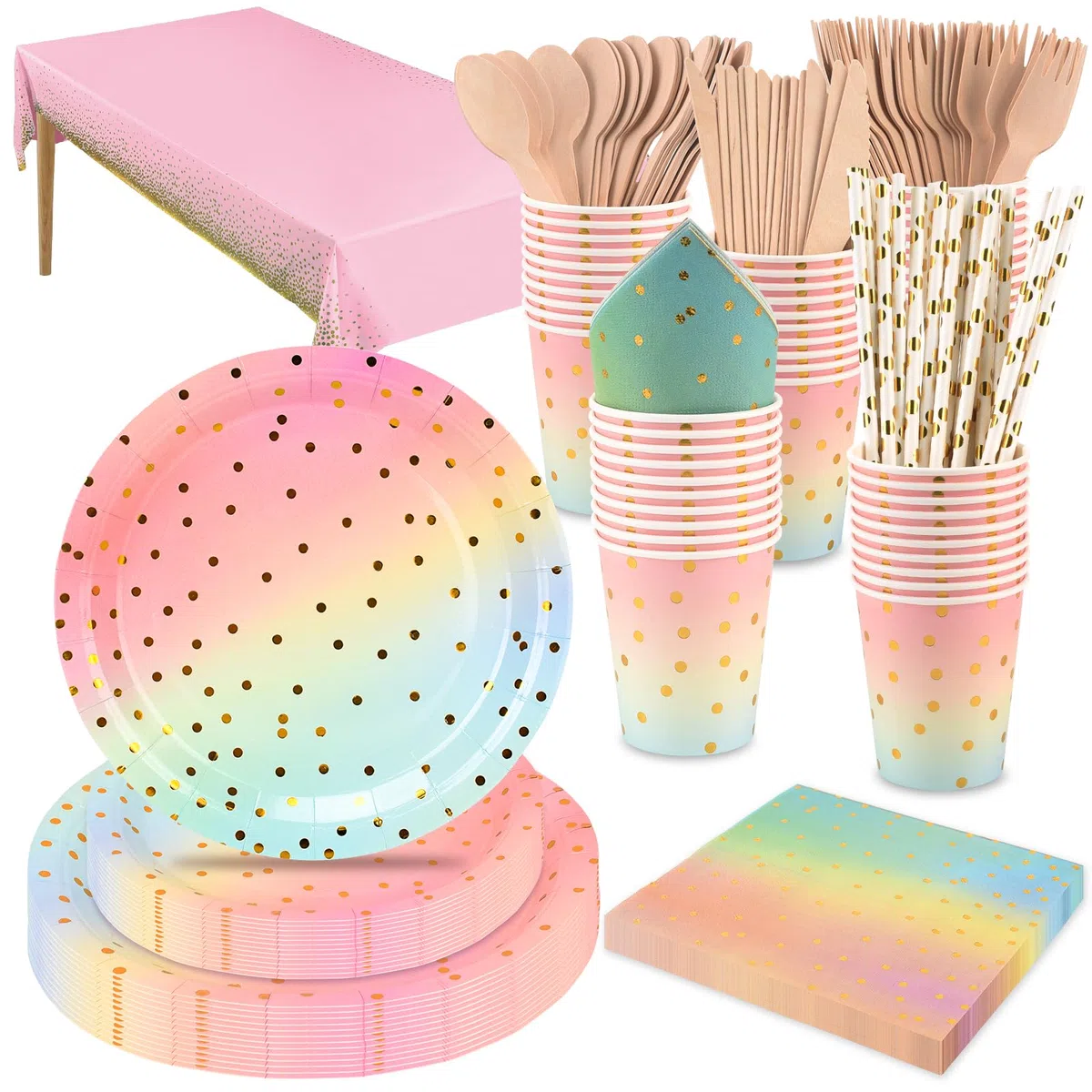 201 Pezzi Set Di Stoviglie Per Feste Rosa e Oro, Ceiliwen Set Di Stoviglie Monouso Per Feste Include Tovaglia, Piatti Di Carta Da 9'' e 7'', Tazza, Tovagliolo, Cannuccia, Posate Di Legno, Severs 25