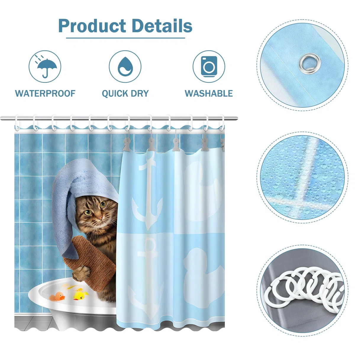 Tenda da doccia con gatto, 180 x 180 cm, impermeabile, antimuffa, con 12 ganci per doccia, blu, divertente, per vasca da bagno, doccia, per bambini, lavabile, in poliestere, per vasca da bagno