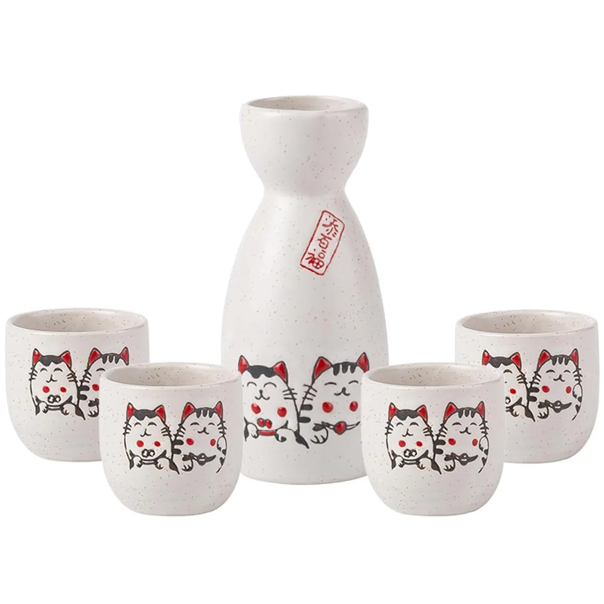 Set di 5 tazze per sake giapponesi e tazze da sakè, design tradizionale dipinto a mano, tazze in ceramica Neko, caraffa da portata in ceramica con gatto portafortuna