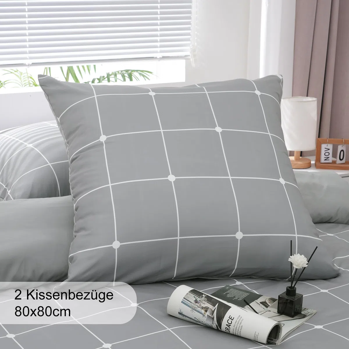 PHF, biancheria da letto 4 pezzi, copripiumino 135 x 200 cm, morbida e non necessita di stiratura, 2 x 135 x 200 cm, con 2 federe 80 x 80 cm, set di biancheria da letto spazzolata con chiusura lampo