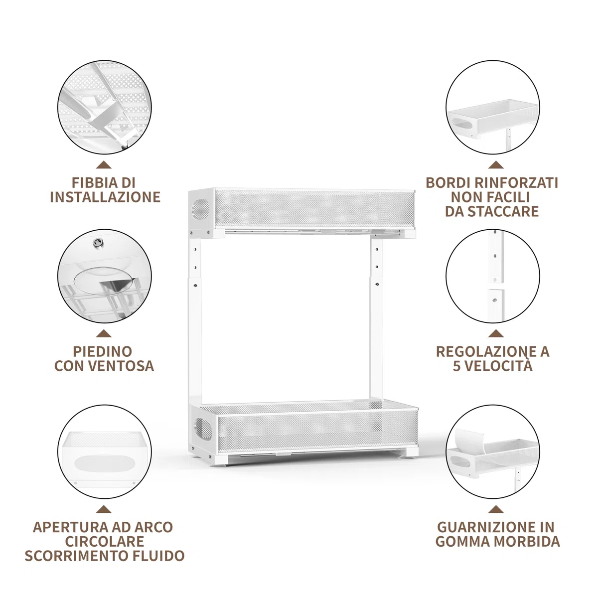 Organizer Sottolavello Cucina，Scaffale Estraibile a 2 Livelli, Scorrevole Organizer Sottolavello Portaoggetti Ripiano Multiuso sotto Lavandino per Cucina Bagno，Regolabile in Altezza (bianco-32)
