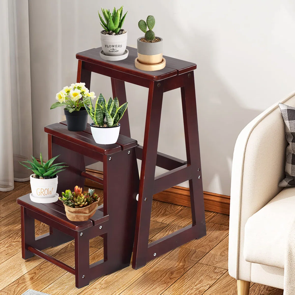 GIANTEX 2 in 1 Scaletta e Sgabello Legno, Sgabello Scala Pieghevole, a 3 Gradini, Portata di 150 kg, Richiudibile e Salvaspazio, Ideale per Soggiorno/Studio/Ufficio, 38,5x57x66 cm, 2 Colori