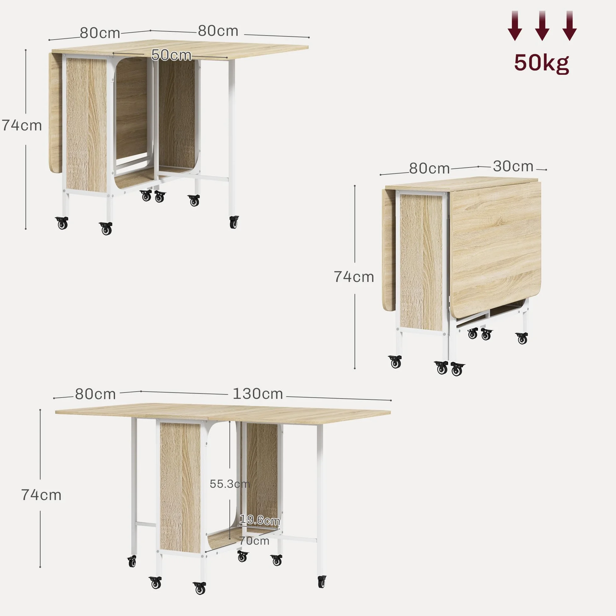 HOMCOM Tavolo da Pranzo Pieghevole, Tavolo a Ribalta per 4-6 Persone, Tavolo da Cucina Salvaspazio Moderno con Ripiano e 6 Ruote, in Metallo, 130x80x74 cm, Color Legno