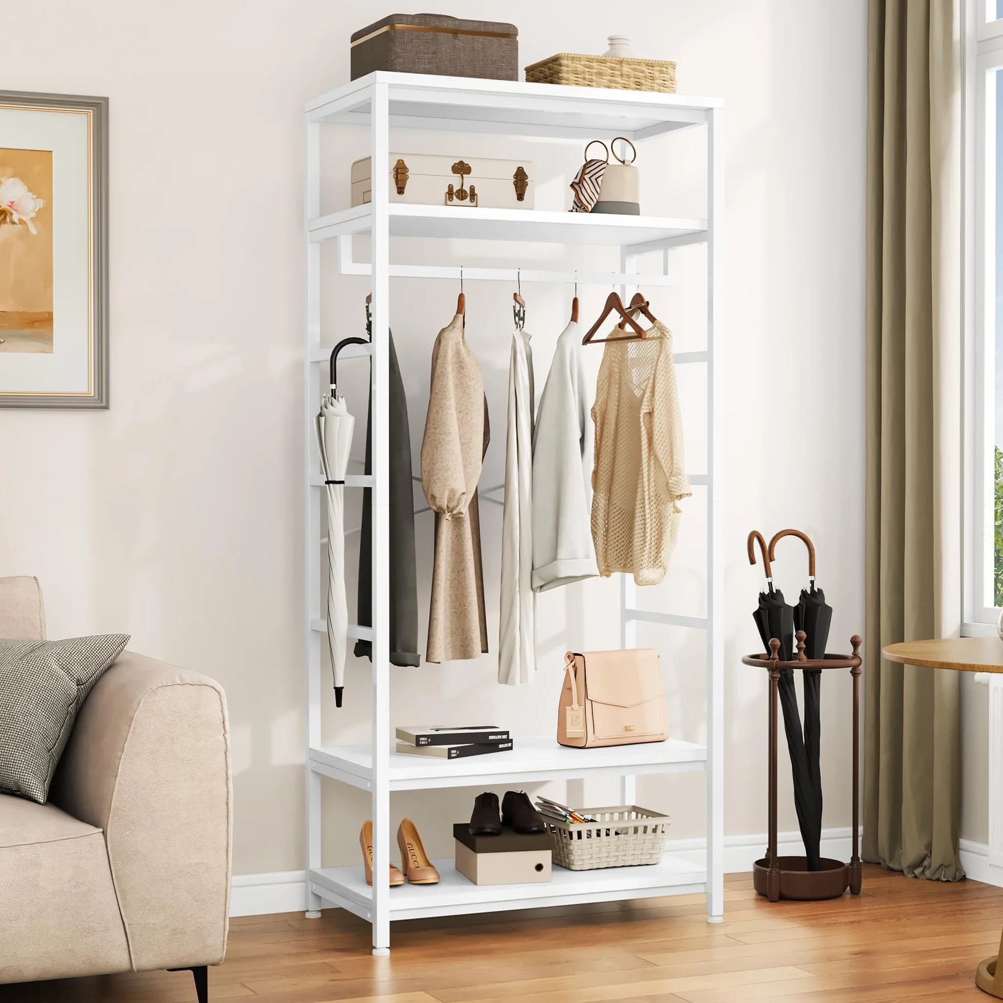 YITAHOME Appendiabiti con Portascarpe, Attaccapanni da Pavimento con 4 Ripiani, Porta Abiti Industriale, Scaffale per Abbigliamento, per Ingresso Corridoio Soggiorno, Bianco