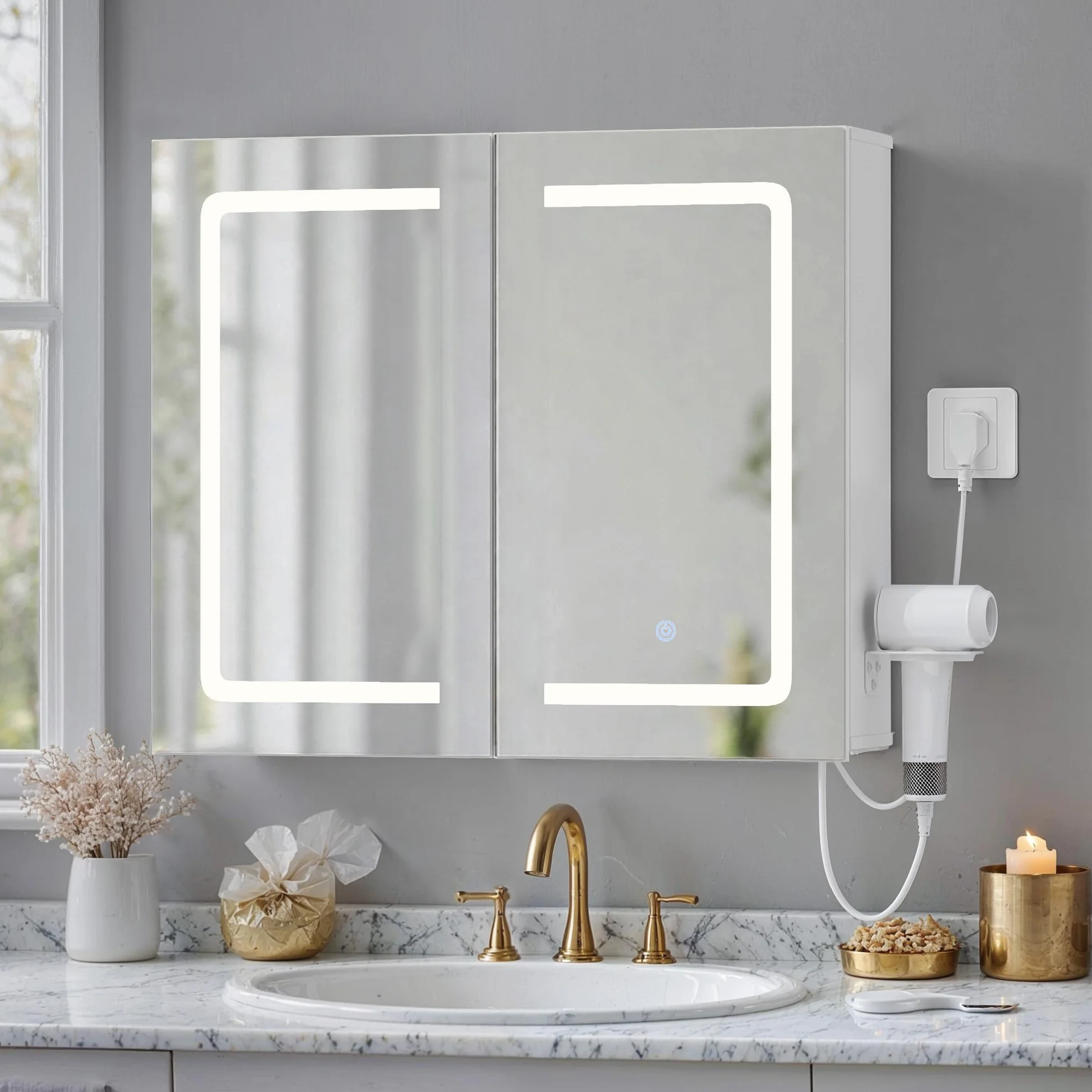 Armadio da bagno con specchio e illuminazione a LED, dimmerabile, con sensore di contatto,presa elettrica, ripiani regolabili,doppia porta in MDF di alta qualità,70X16X60CM,Bianco