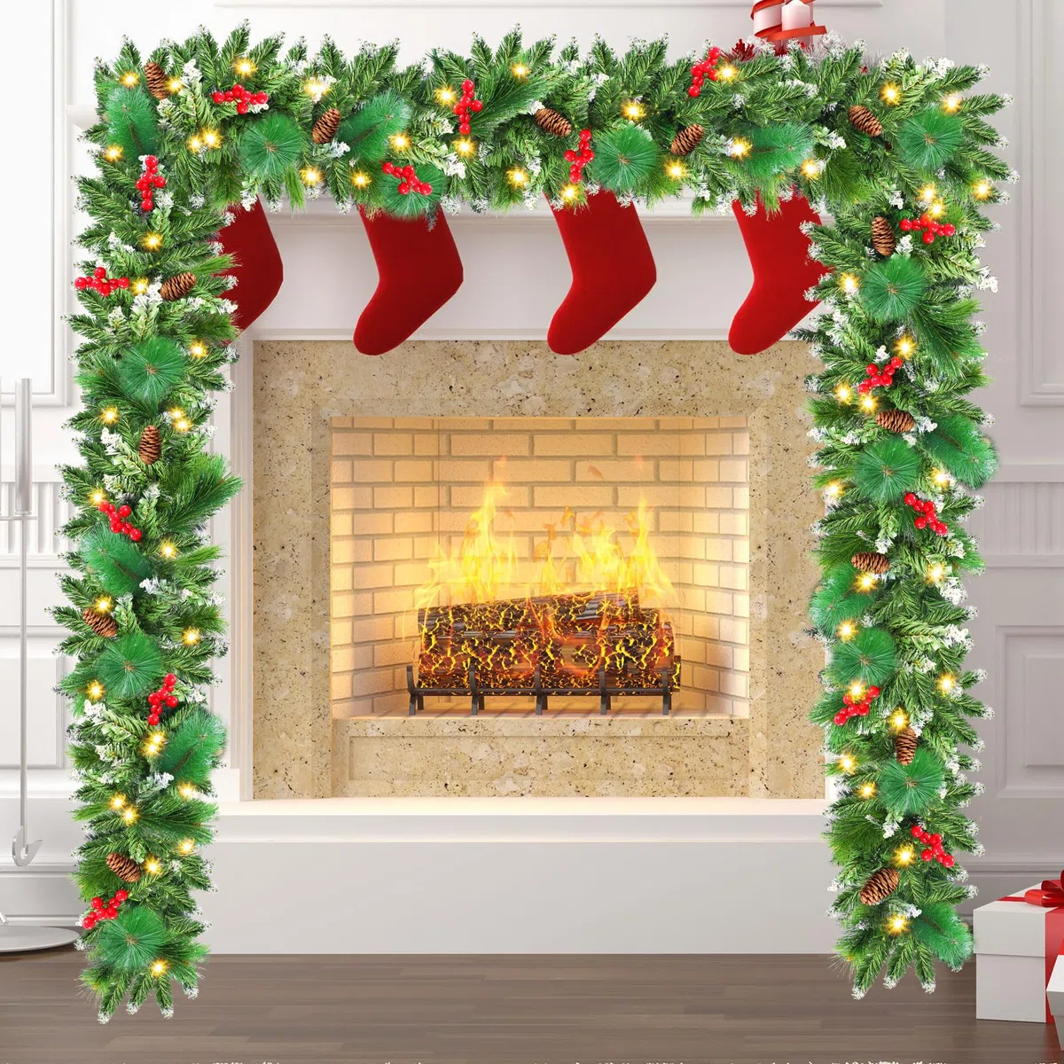 Ghirlanda Natalizia, 2.7M/9 FT Ghirlanda Natalizia per Porta, Ghirlanda Natale con 50 Luci, Ghirlanda di Natale Decorazioni Artificiale per Porta, Scale, Camino, Finestra, Giardino, Interni ed Esterni