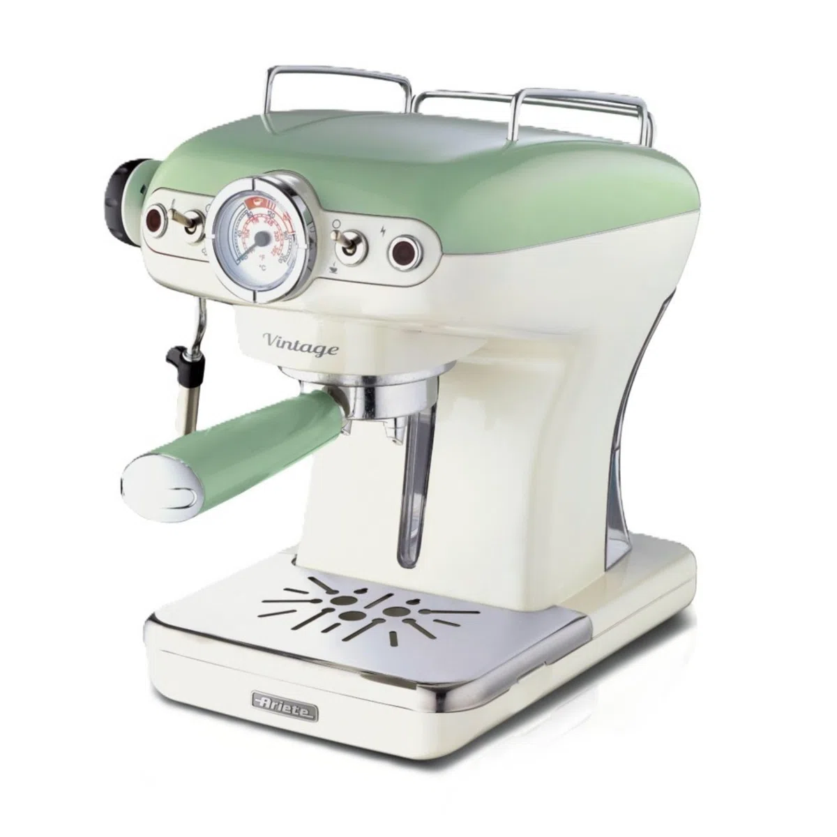 Ariete Caffè Espresso Vintage 1389, Macchina per Caffè Espresso per Polvere o Cialda ESE, 1 e 2 Tazze, Lancia Cappuccinatore, Supporto Tazze in Acciaio Inox, 15 Bar, 850W, Verde