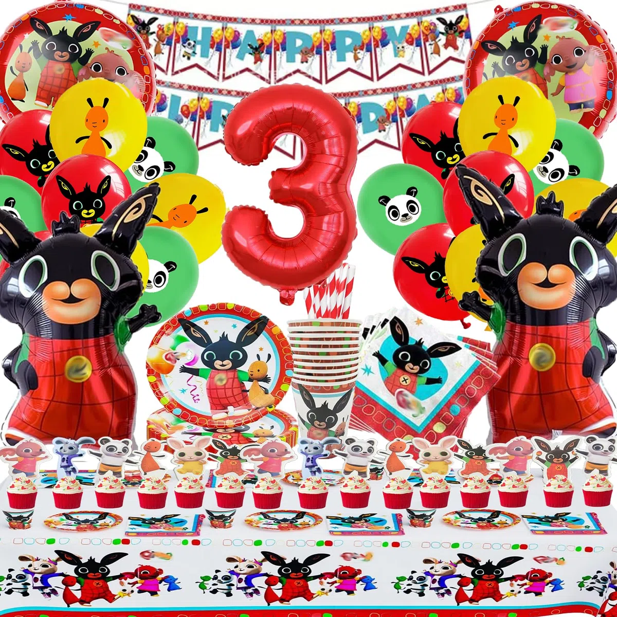 Bing Compleanno 3, 101 Pcs Compleanno Bing 3, Stoviglie esta C-ompleanno, Decorazioni per la tavola del Coniglietto, Piatto Bandiera Tovagliolo Tovaglia per Feste di C-ompleanno