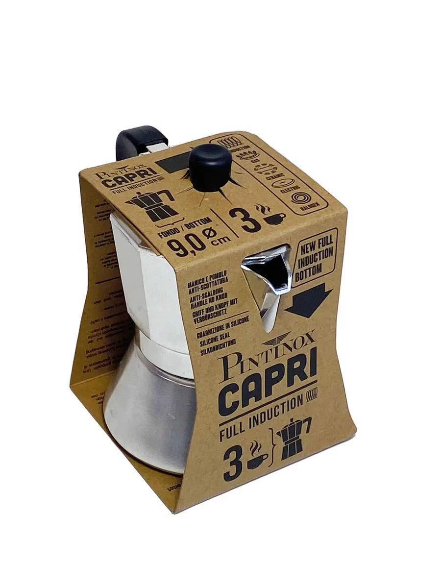 PINTINOX Capri Full induction, Caffettiera Moka 3 Tazze in Alluminio, adatta a tutti i piani cottura compresa l'induzione, Manico Antiscottatura