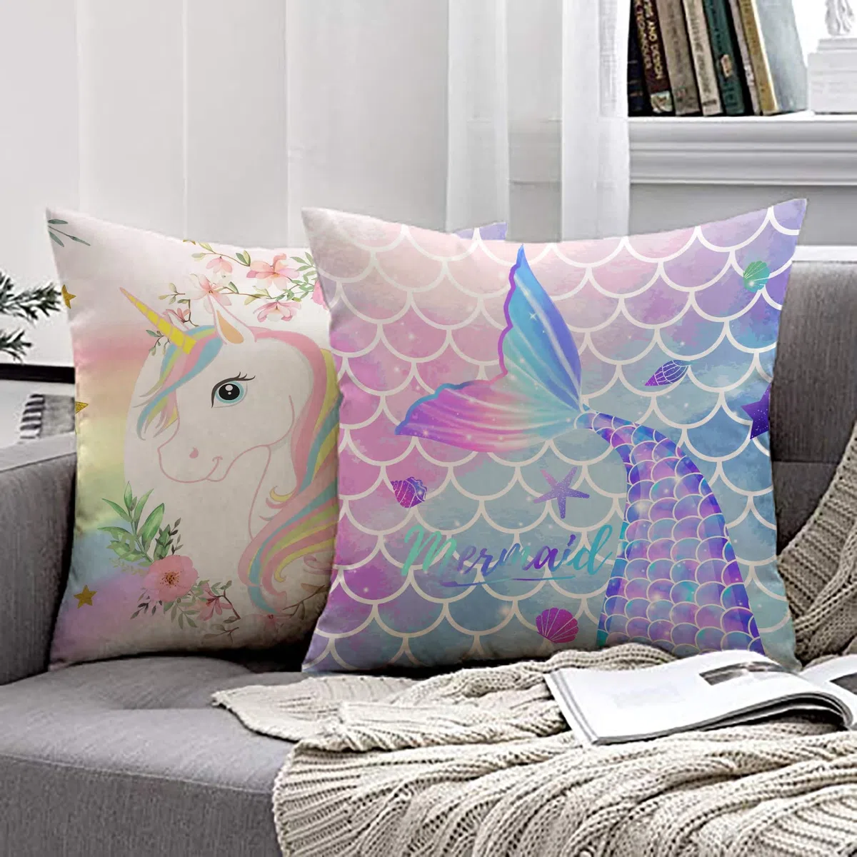 MUSOLEI 2 pezzi Unicorno Copricuscino 45X45 Bambini Velluto Sirena Copricuscino Peluche Divano Copricuscino con Federe Cerniera Ragazze, Unicorno A