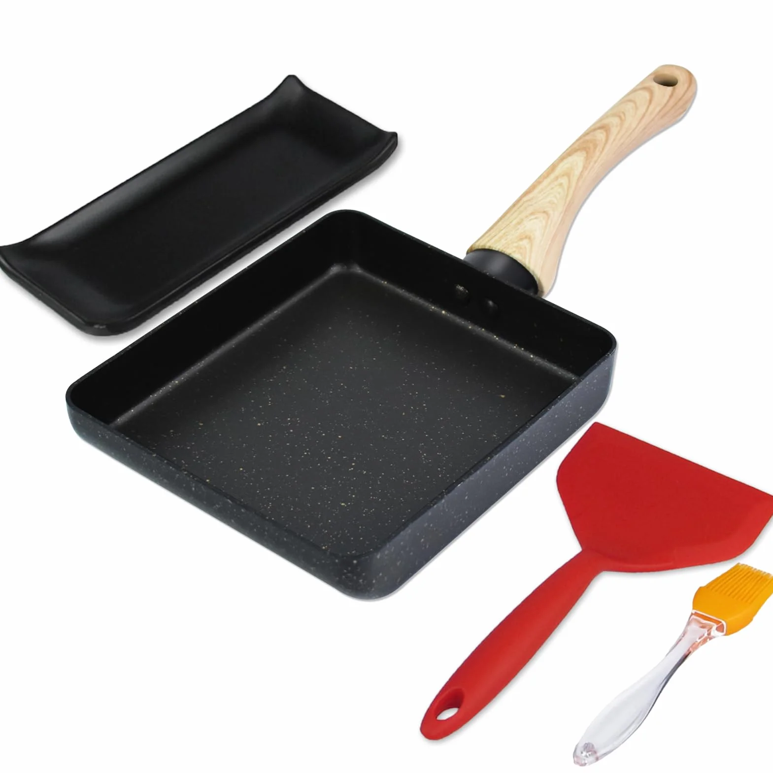 Artcome padella giapponese per omelette con rivestimento antiaderente Tamagoyaki Egg Pan rettangolare, con spatola e pennello in silicone, piastra nera e gomma magica, 17,8 x 15,2 cm (nero)