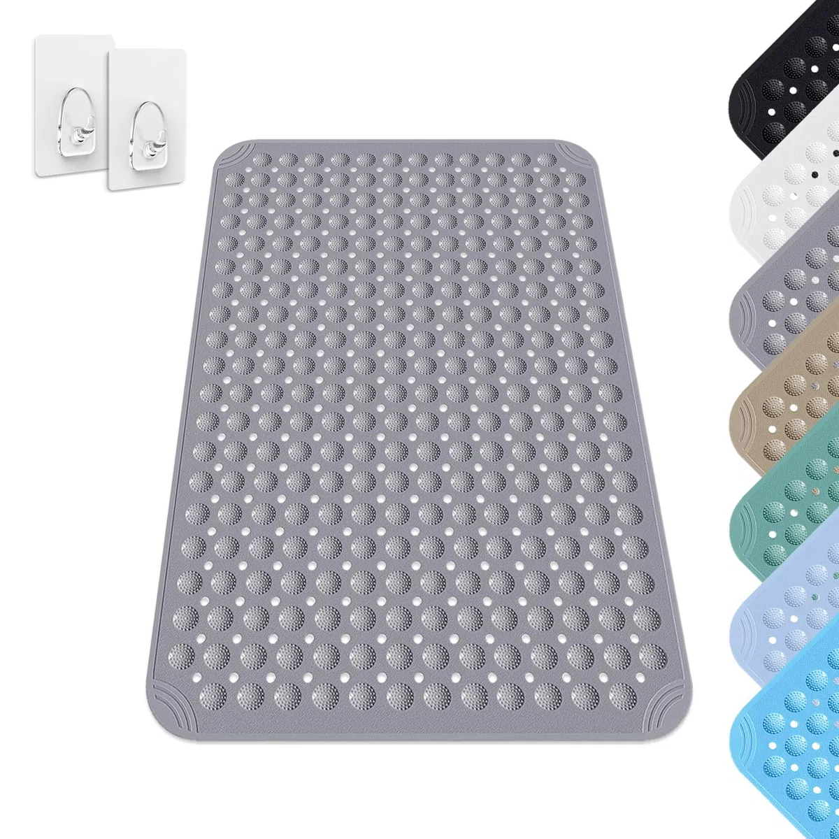 Tappetino Doccia, 60 x 90 cm Tappeto Doccia Quadrato Lavabile in Lavatrice con Ventosa, Tappeto Doccia in PVC Antiscivolo, Tappeto Massaggiante Antiscivolo per Doccia, incl. 2 Ganci, Grigio