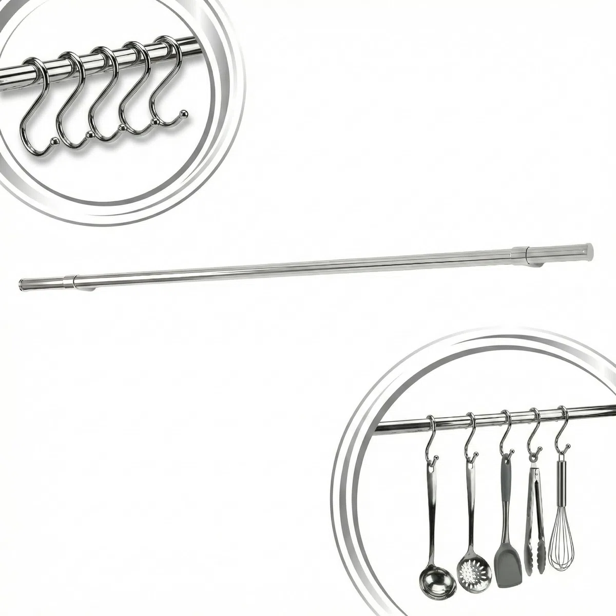 Barra Portautensili Cucina in Metallo 1.6x100 cm, 5 Ganci a S inclusi, Portautensili da Cucina Appendi Mestoli e Utensili Sottopensile
