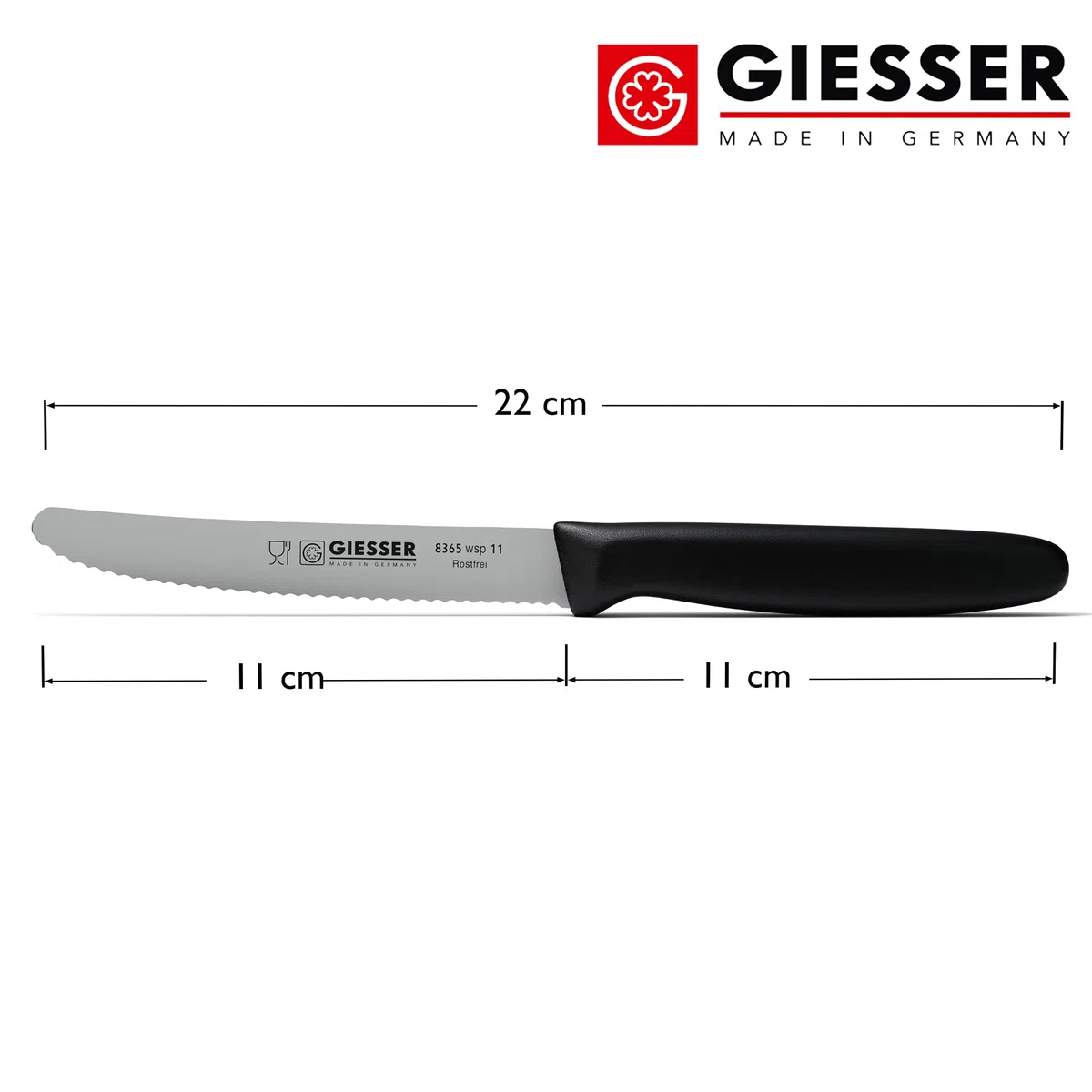 Giesser since 1776 - Made in Germany - Set di 6 coltelli da pomodoro, neri, lama di 11 cm, antiscivolo, piccolo coltello verdura lavabile in lavastoviglie, inossidabile