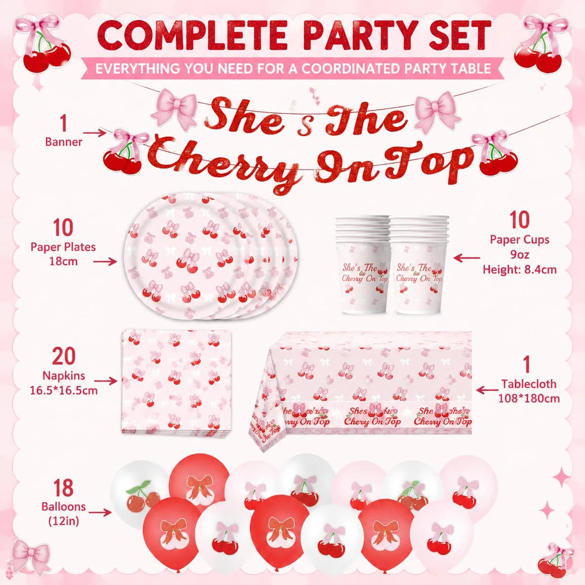 Set di stoviglie per feste, ciliegia, compleanno, per feste di compleanno, per ragazze e ragazzi