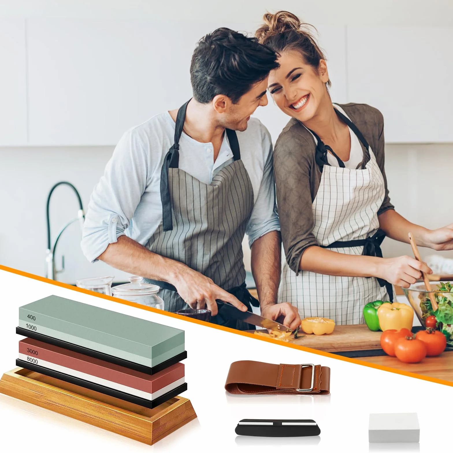 Pietra Affilacoltelli, 8 set Pietre per affilare coltelli 400/1000 3000/8000 Grana affilacoltelli giapponese con Pietra Appiattita Base in Silicone Antiscivolo Guida Angolare Strisce in pelle