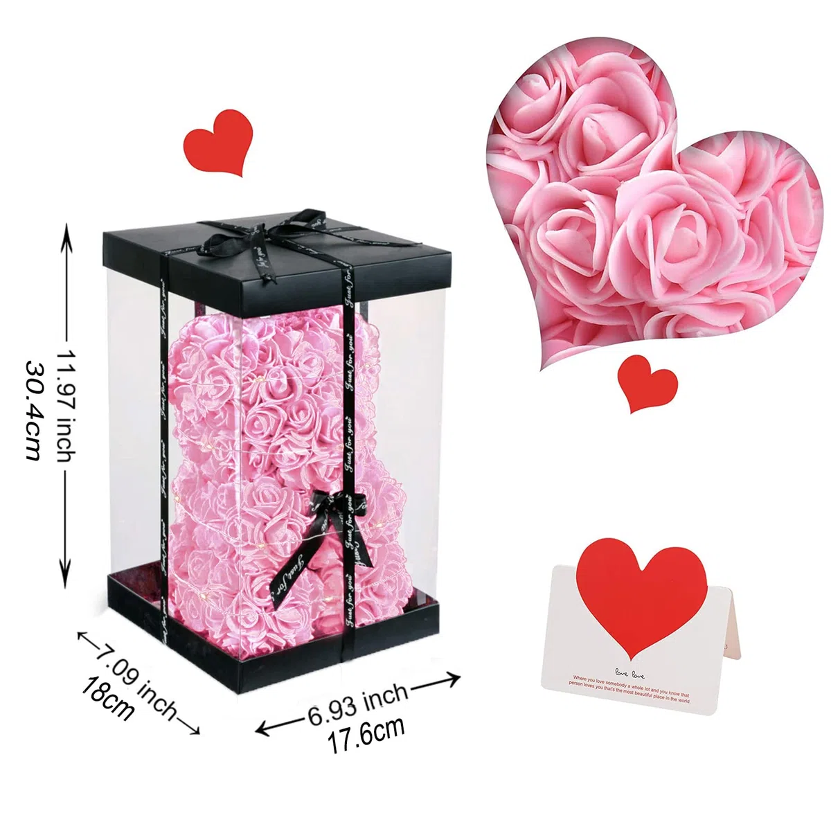 Orsetto Rosa Fiore Regalo Donna, Regali di San Valentino, Orso Rosa Regali per Lei, Rose Teddy Bear con luci, Regali di compleanno per Ragazza con Confezione Regalo Trasparente e Biglietto d'amore