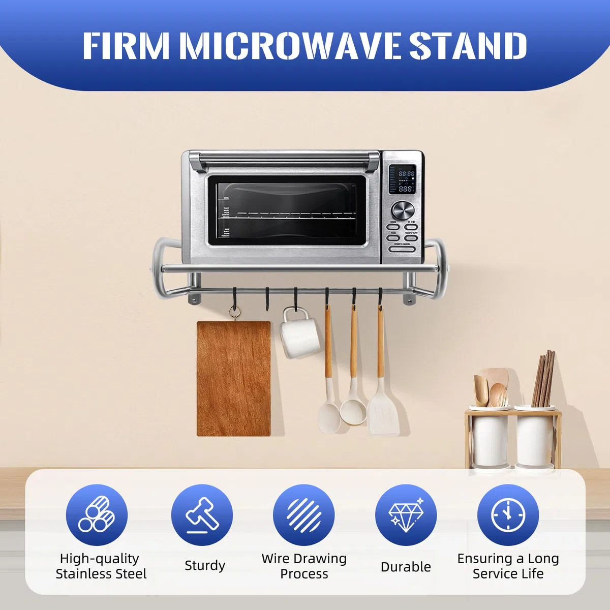 Mensola per microonde in acciaio inox con ganci, supporto da parete per forno a microonde