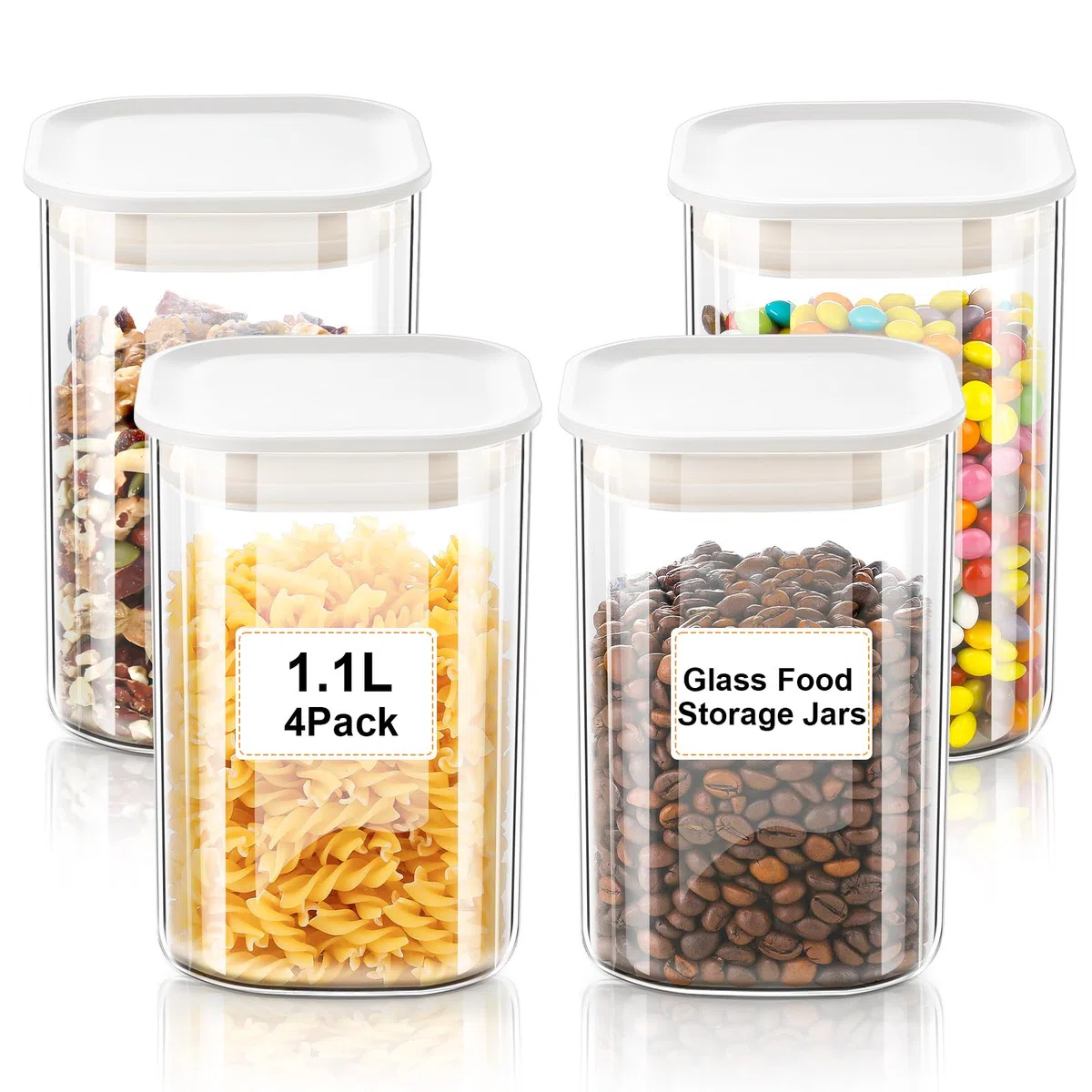 VINATO Barattoli Vetro con Coperchio (4 x 1100ml) Contenitori Pasta Vetro, Barattoli Cucina con Coperchio Contenitori Ermetici Vetro per Sale Farina Spezie Cereali & Caffè, Lavabili in Lavastoviglie