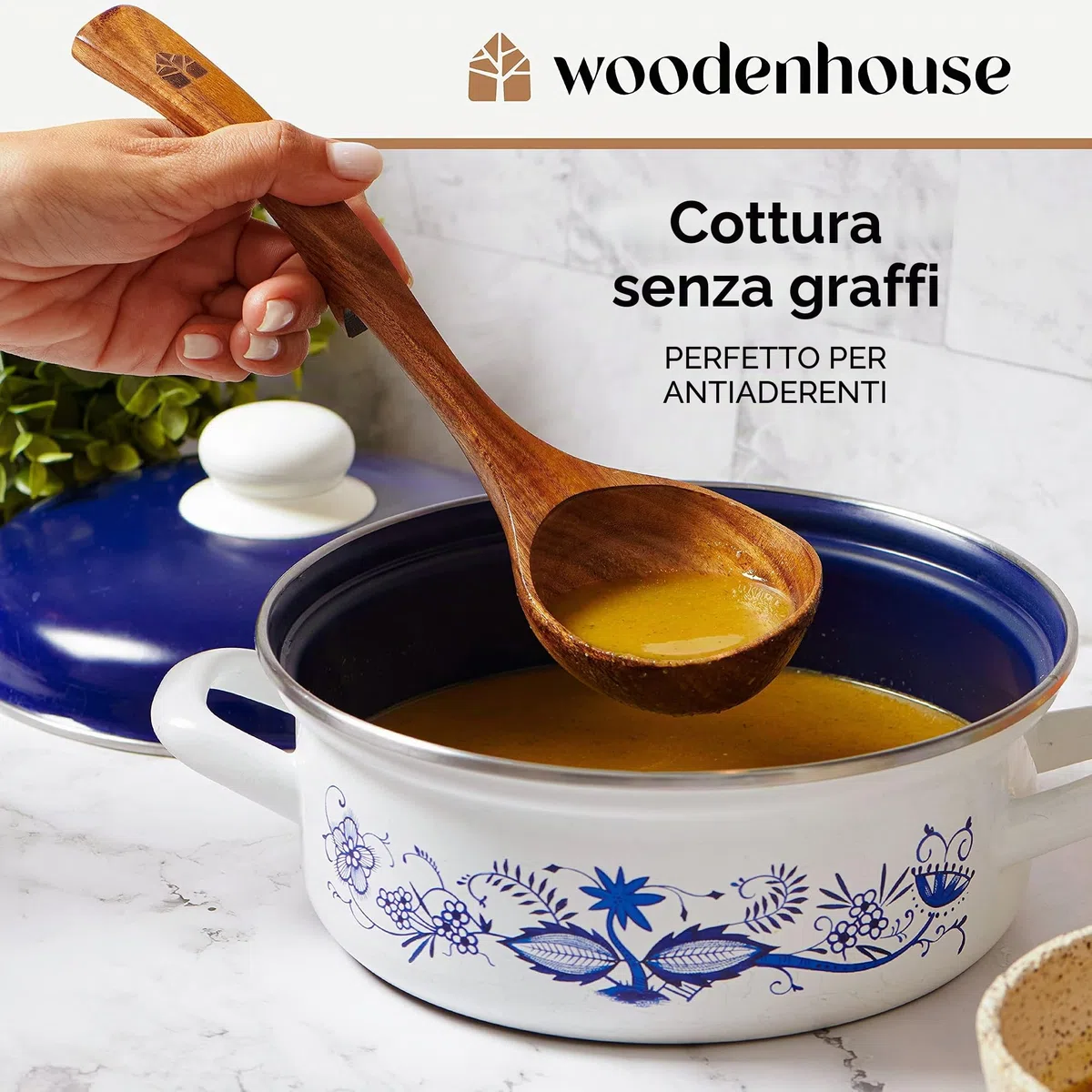 Set Mestoli Cucina Legno, Mestolo Zuppa, Antigraffio, Fatti a Mano con Ganci, Mescolare e Servire Alimenti, Minestre e Zuppe, 3 pezzi