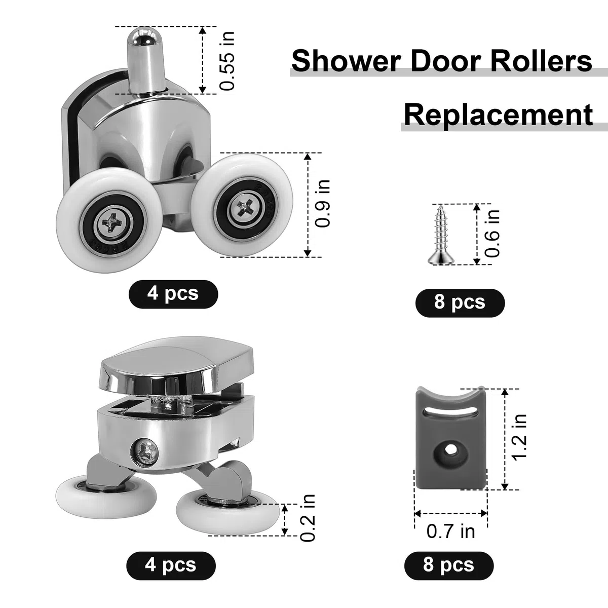 8 rulli di ricambio per porta della doccia da 23 mm, ruote scorrevoli in vetro per box doccia curvi, guide a rullo per bagno, per vetro da 4-6 mm, blocco anti-collisione (4 rulli superiori e 4