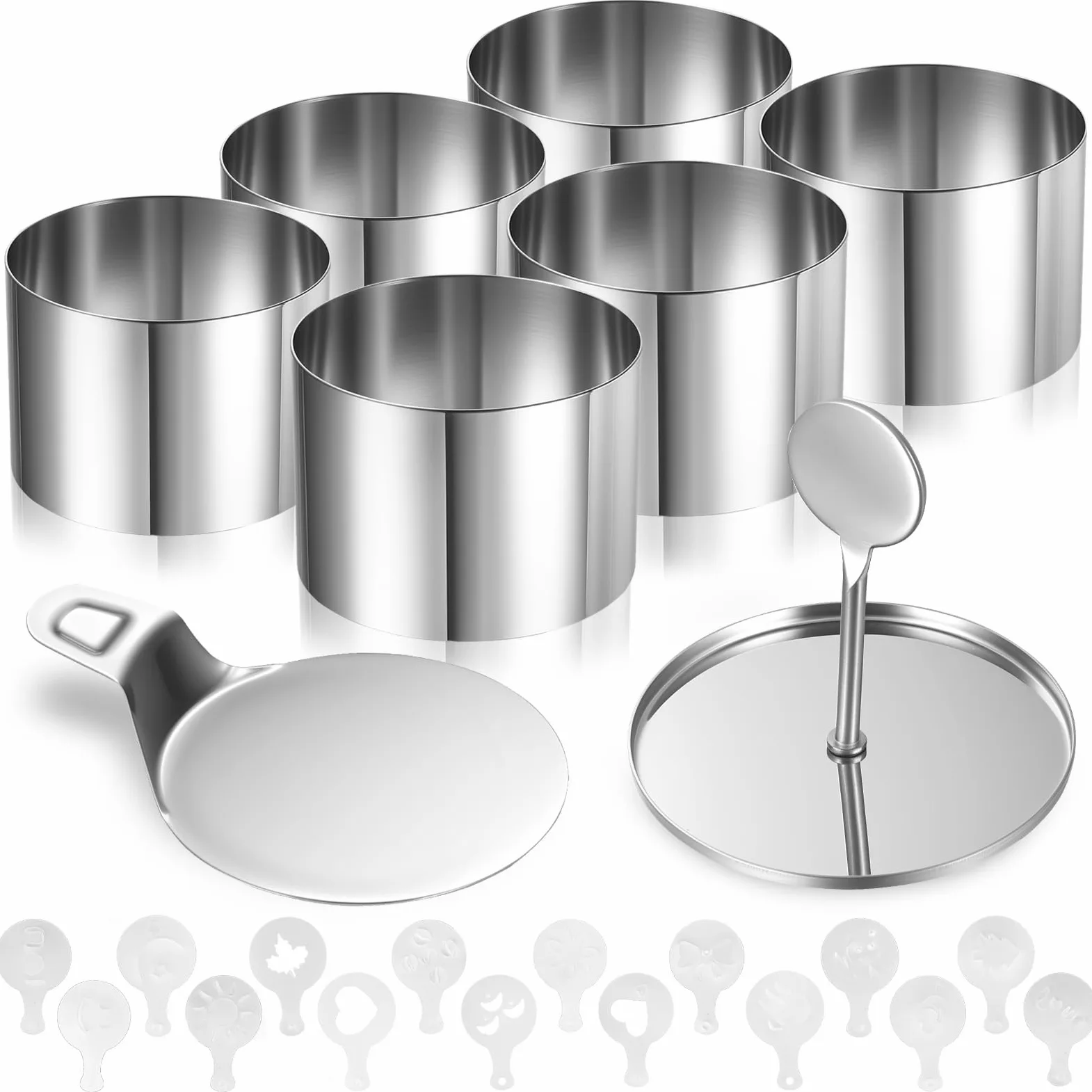 Set di 8 anelli da dessert e fedi nuziali, in acciaio inox, diametro 7,5 cm, con coperchio, base e stencil, forma rotonda per tortine