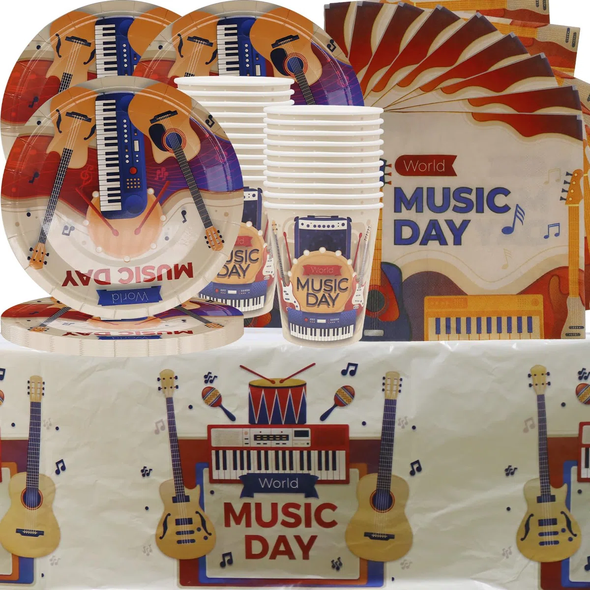 Piano Music Day Theme - Servizio da tavola per feste di compleanno dei bambini, 61 pezzi, compresi piatti di carta, bicchieri, tovaglioli e tovaglie, adatto per 20 persone
