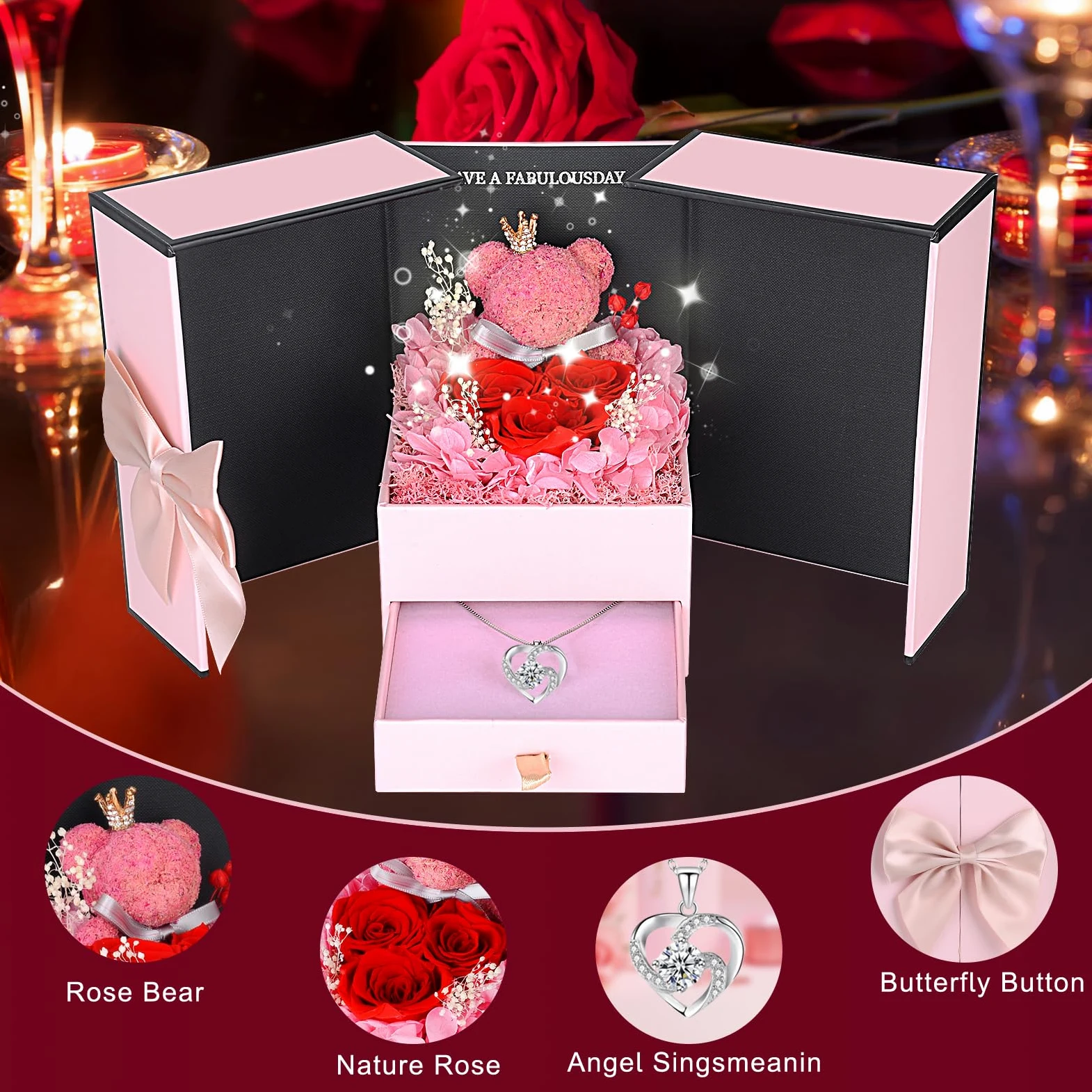 Rosa Eterna Idea Regalo per Lei,Rosa Stabilizzata con Collana e Orsetto Rosa Romantico Regalo San Valentino per lei,Festa della Mamma,Regalo di Compleanno per Fidanzata,Moglie,Donne