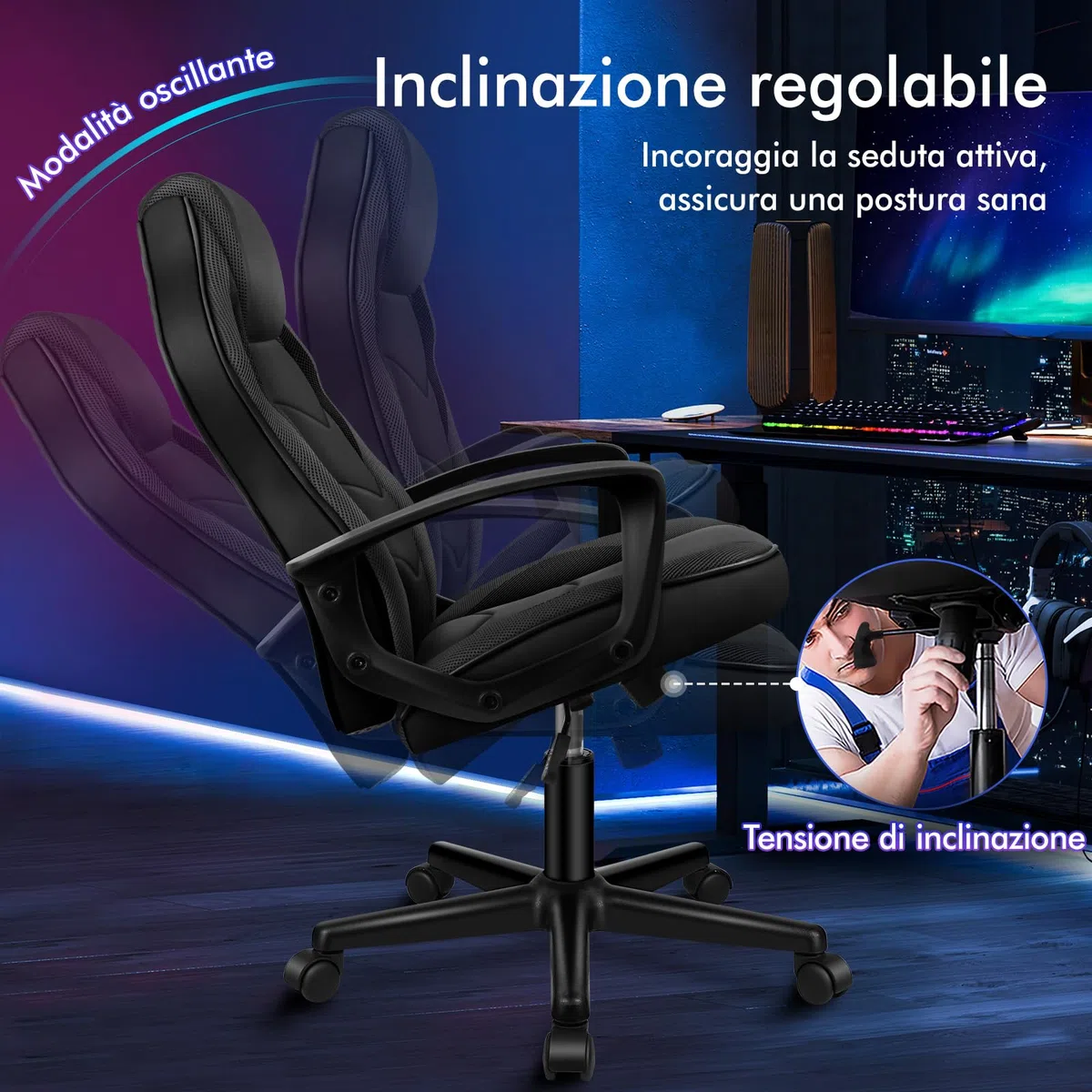 ALFORDSON Racing Sedia Ufficio Ergonomica con Ruote, Sedia Gaming in Similpelle e Rete Traspirante, Funzione di inclinazione, Altezza Regolabile, Poltrona Gamer per Computer Supporta 150 kg(Nera)