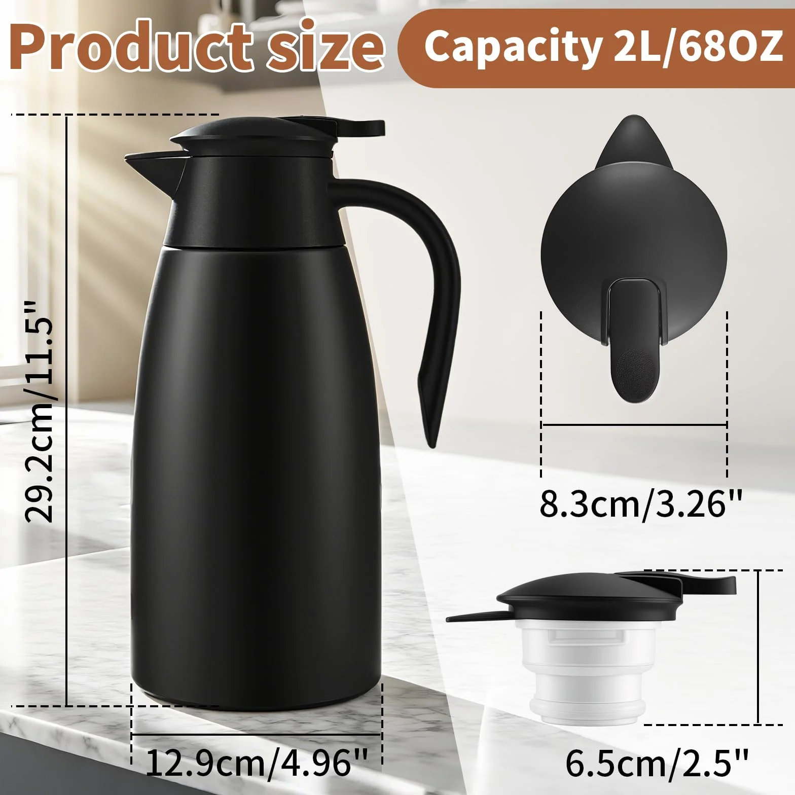 2 Litri Caraffa Termica, Caffe Acciaio Inox 304 Bollitori Sottovuoto Isolati, Si Mantiene Caldo per 24 Ore per il Caffè, Tè e altre Bevande Calde e Fredde, Nero