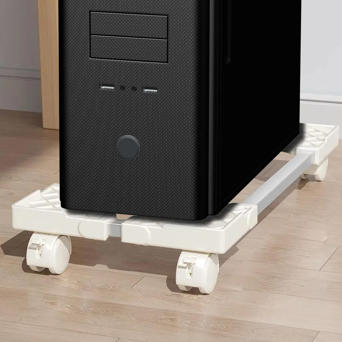 Supporto PC Tower con Ruote Base Regolabile: Telaio in Metallo Robusto per Raffreddamento e Mobilità CPU – Per Lavoro da Casa (Bianco)