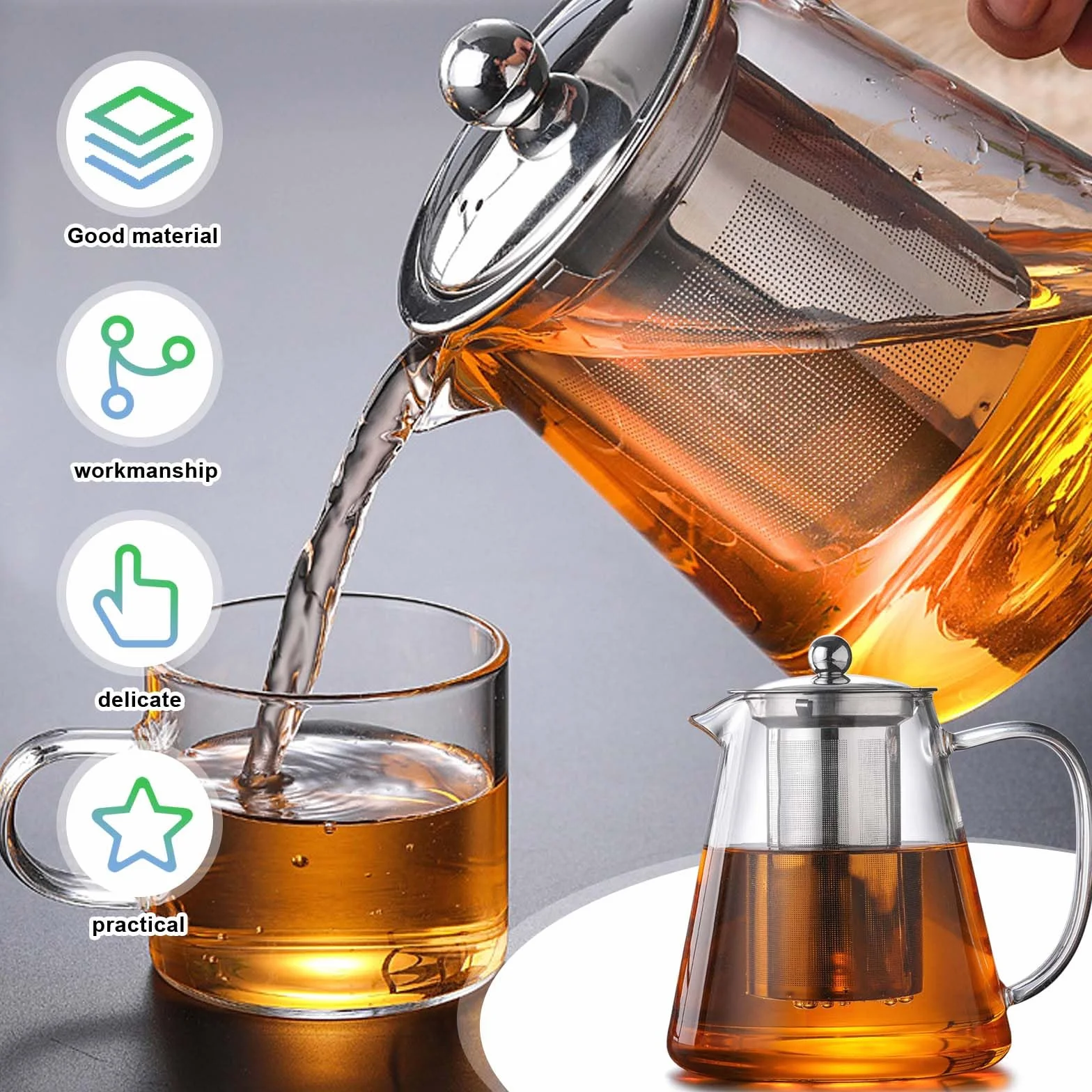 Teiera in Vetro Borosilicato da 1,3 Litri con Filtro e Protezione da Surriscaldamento per Foglie Sciolte, Ideale per la