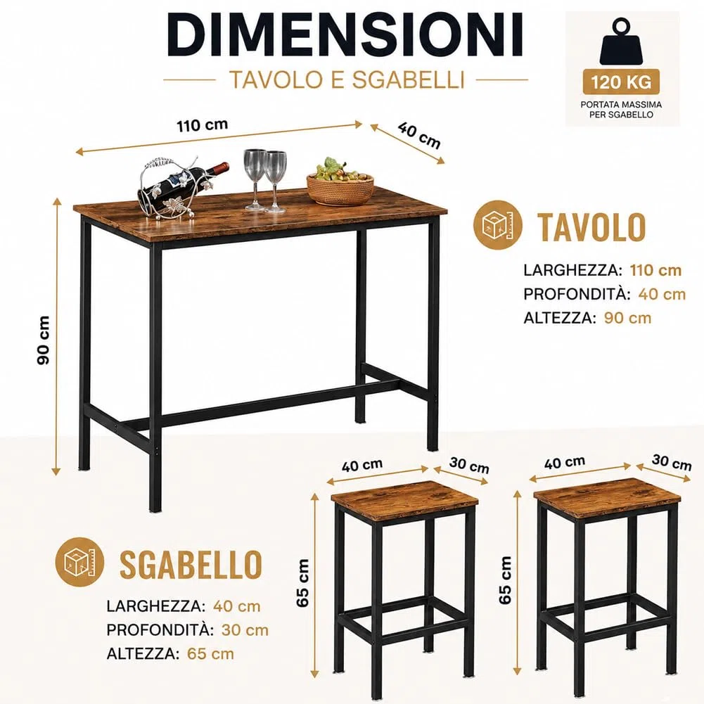 BAKAJI Tavolo Alto con 2 Sgabelli Sedie a Scomparsa per Sala da Pranzo Salotto Cucina Design Moderno Industriale Struttura in Metallo Nero Piano e Seduta in Legno MDF Effetto Abticato Arredamento