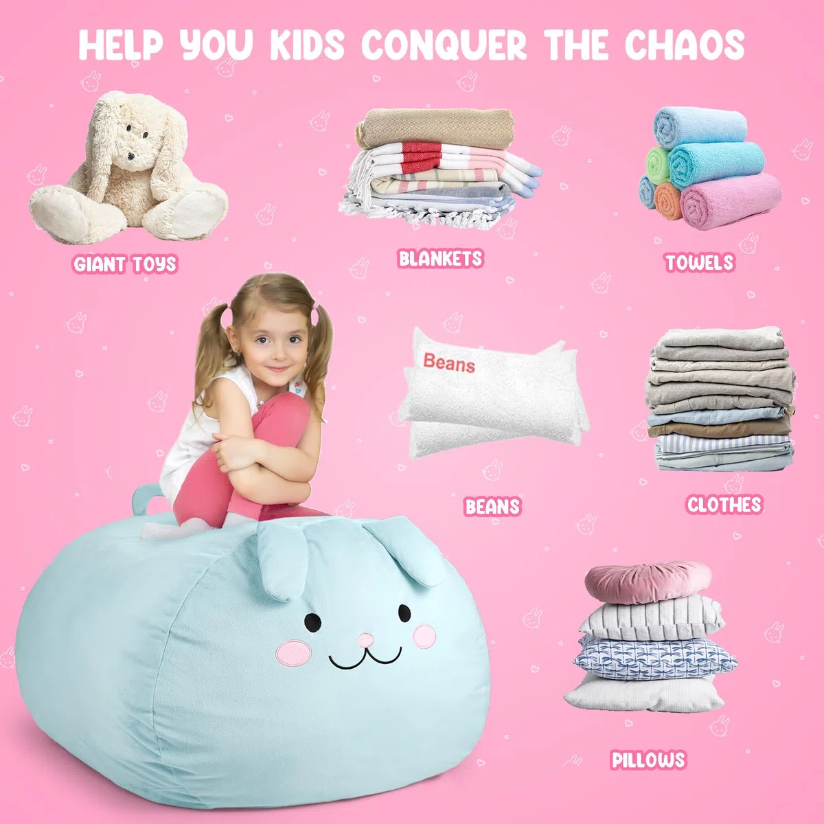 GAGAKU Pouf Peluche Coniglio 200L-XXL,Borsa Portaoggetti per Giocattoli Peluche Cameretta dei Bambini,Sacco Porta Peluche Grande Coniglio con Chiusura Lampo per Organizzare–Blu