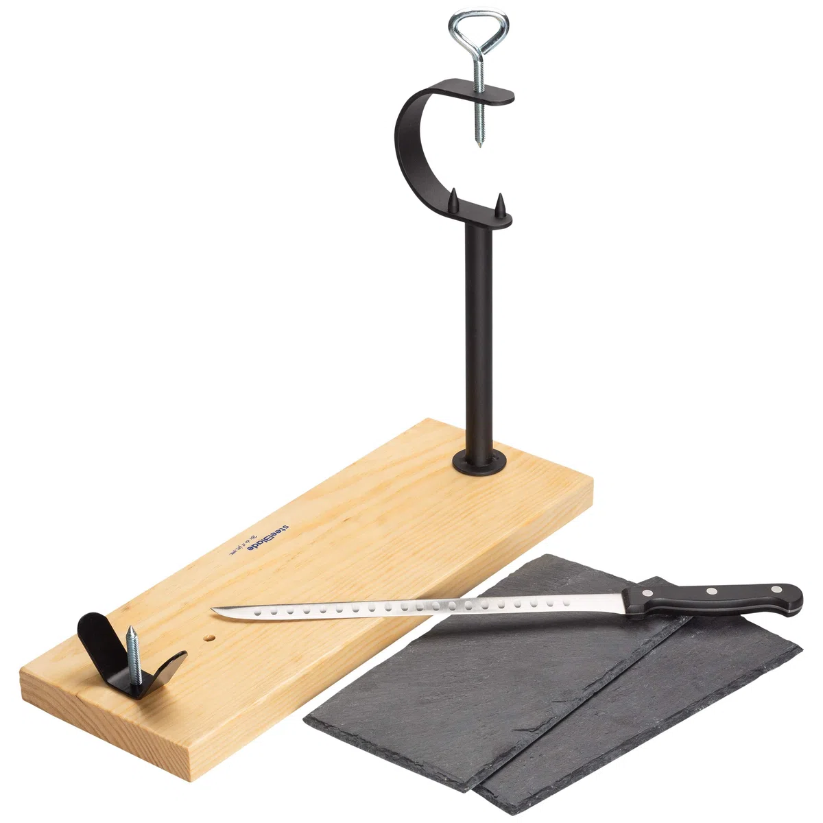 Prosciutto in Legno Laccato + Coltello prosciutto + 2 Piatti in Ardesia Naturale - Supporto prosciutto Prodotto in Spagna - prosciutto Molto Resistente Ideale per prosciutti e Pallet