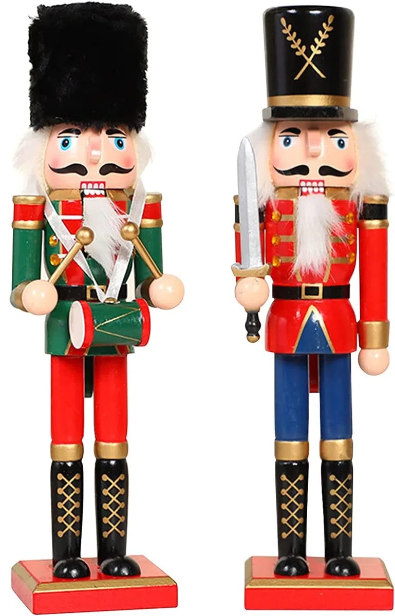 KAHEIGN 2 Pezzi Soldati Schiaccianoci di Legno, 2 Stile 30CM Figure Tradizionali dello Schiaccianoci di Natale Soldato Dipinto in Legno di Pino Premium per Casa Camino Decorazione (Tamburo & Spada)