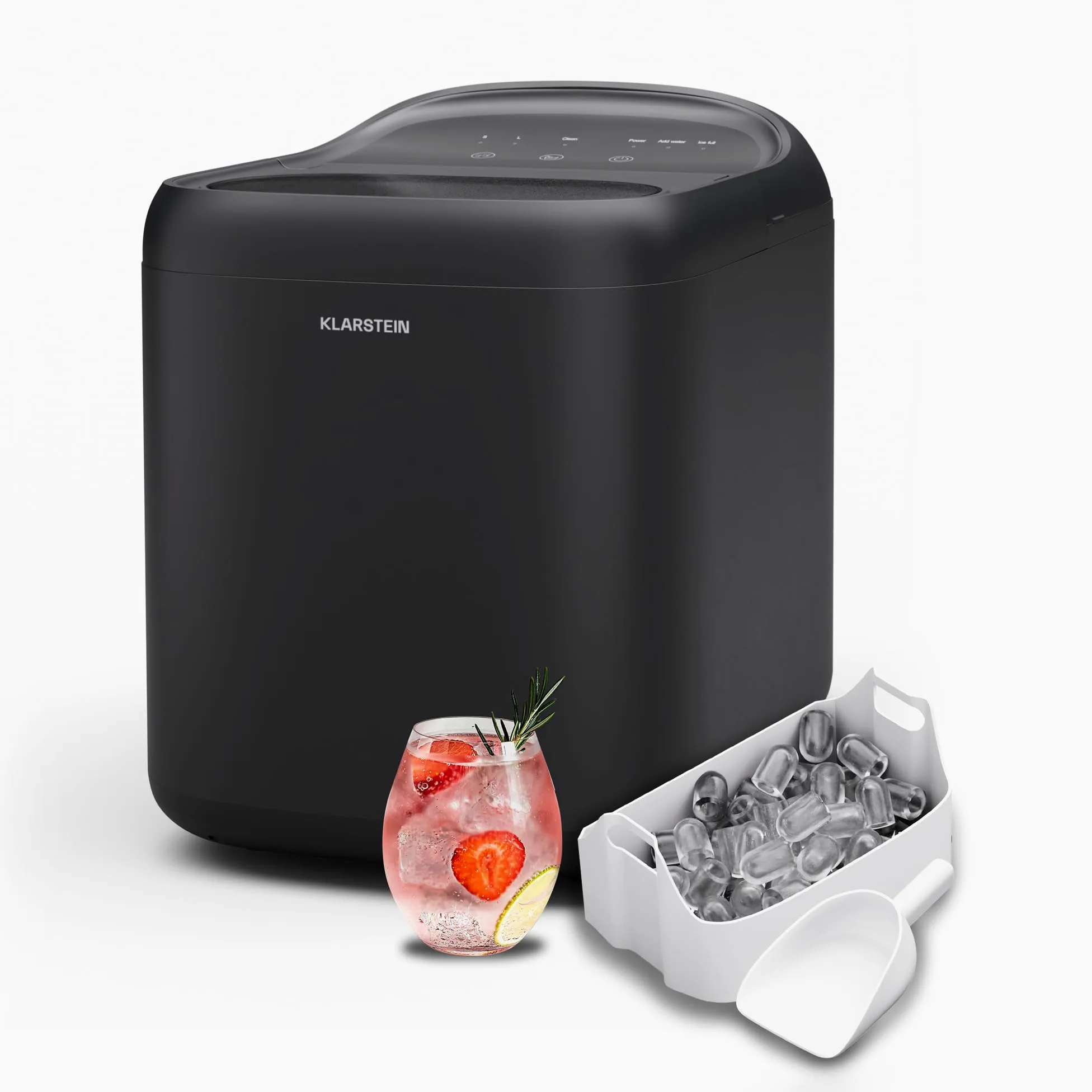 KLARSTEIN SparkIce - Macchina del Ghiaccio, 15 kg/24h, Cubetti in 6 Min, Touchpad, Pulizia Automatica, Cubetti in 2 Dimensioni, Macchina del Ghiaccio da Casa, Ice Maker con Paletta, Nero