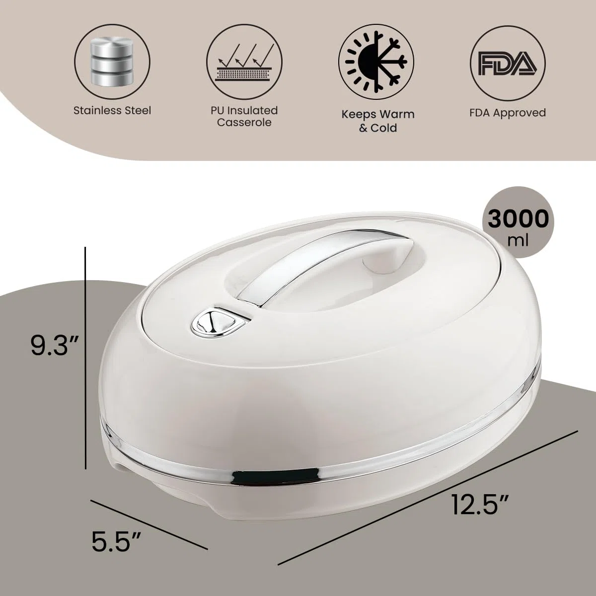 Elegante casseruola ovale isolata grande – coperchio aperto con una mano – 0,9 l – scaldavivande di lusso – ciotola termica per buffet/feste – contenitore per alimenti caldi in acciaio inox – argento