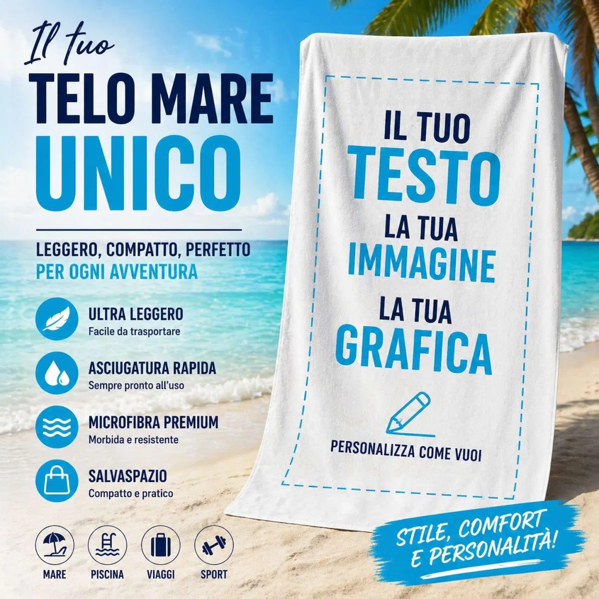 Telo Mare Personalizzato – Stampa Nome o Testo | Morbido, Assorbente e Ultra Leggero | Perfetto per Spiaggia, Piscina e Bagno