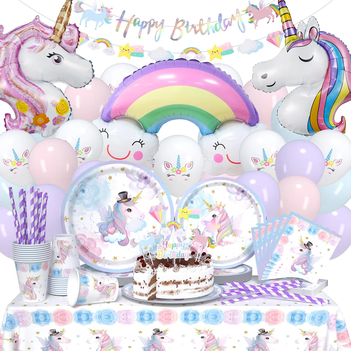 119 pezzi set di stoviglie per feste unicorno, set di piatti di carta con palloncini per feste di compleanno per bambini, decorazione per piatti di carta per feste di compleanno