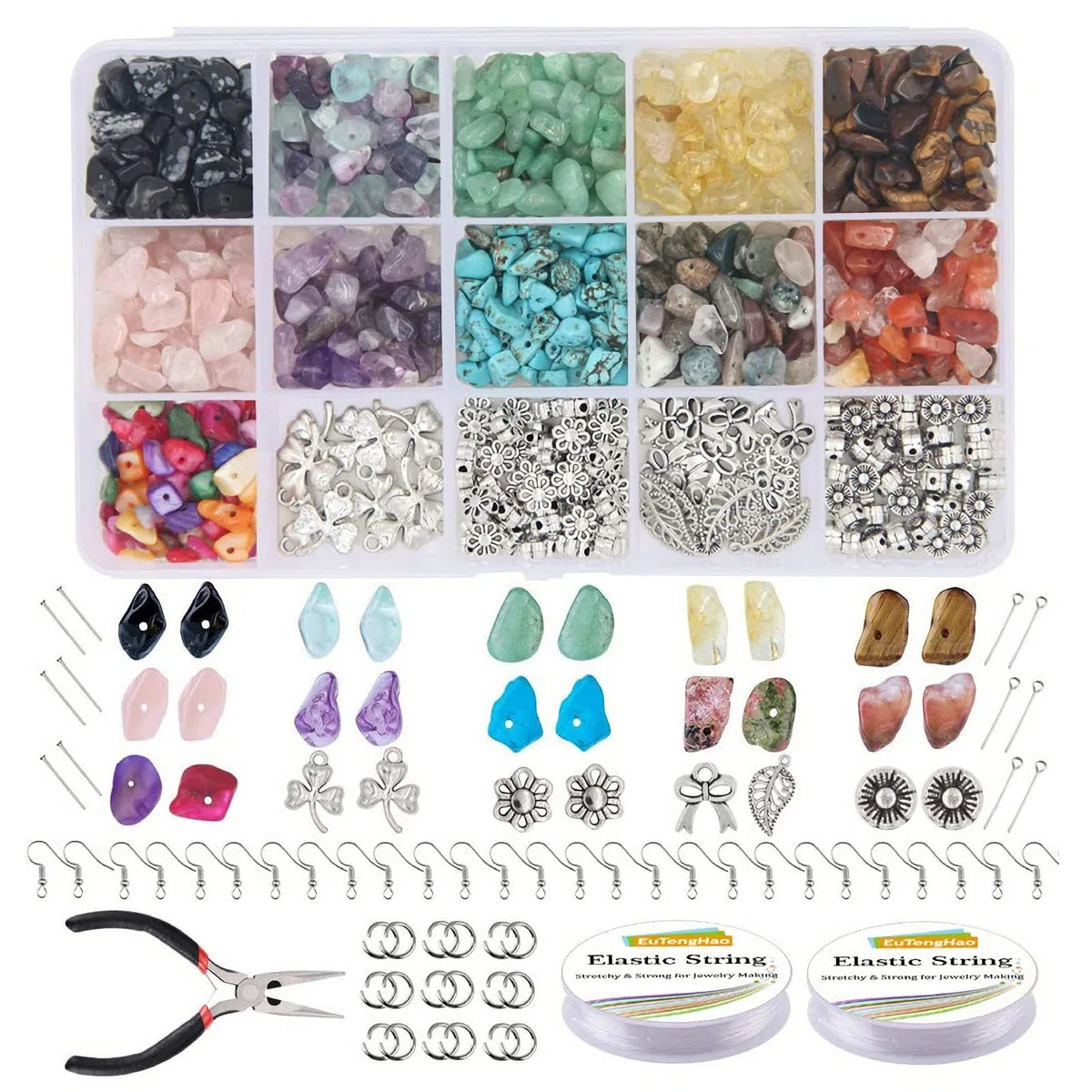 Kit Creazione Gioielli Fai da Te con Pietre Preziose Naturali Set per Collane, Bracciali e Orecchini (1 Scatola con 15 Colori, Circa 980 Pezzi)