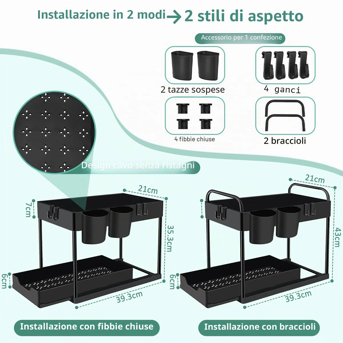 Organizer Sottolavello Cucina 2 Livelli, Estraibile Organizzatore Cucina Con 4 Ganci e 2 Tazze, Sottolavello Portaoggetti Ripiano Cassetto, Organizzatore per lavello Bagno (Nero,1 Pezzo)