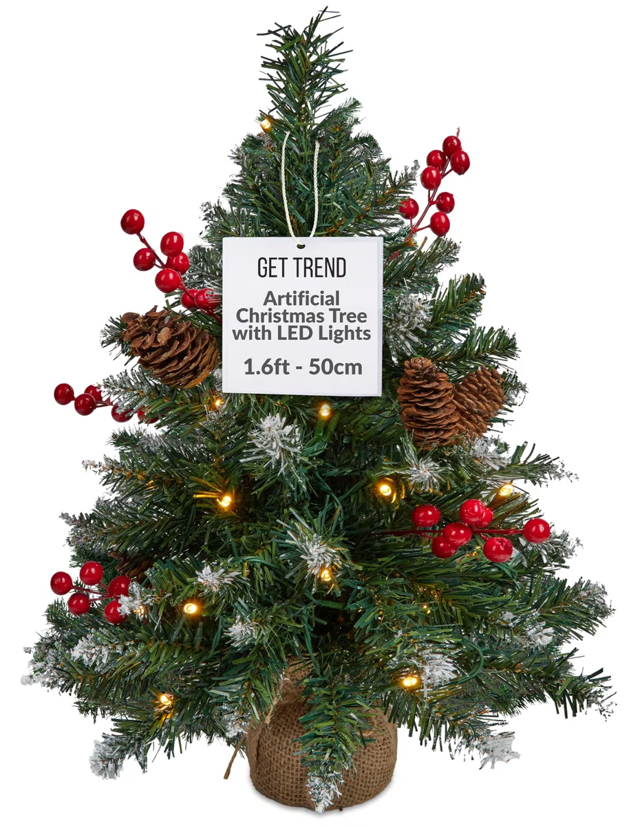 Get Trend Albero di Natale con Luci Incorporate, 50 cm Alberi di Natale Piccoli LED a Stringa e Punte Smerigliate, Decorazioni Natalizie per Tavolo e Ufficio (Verde)