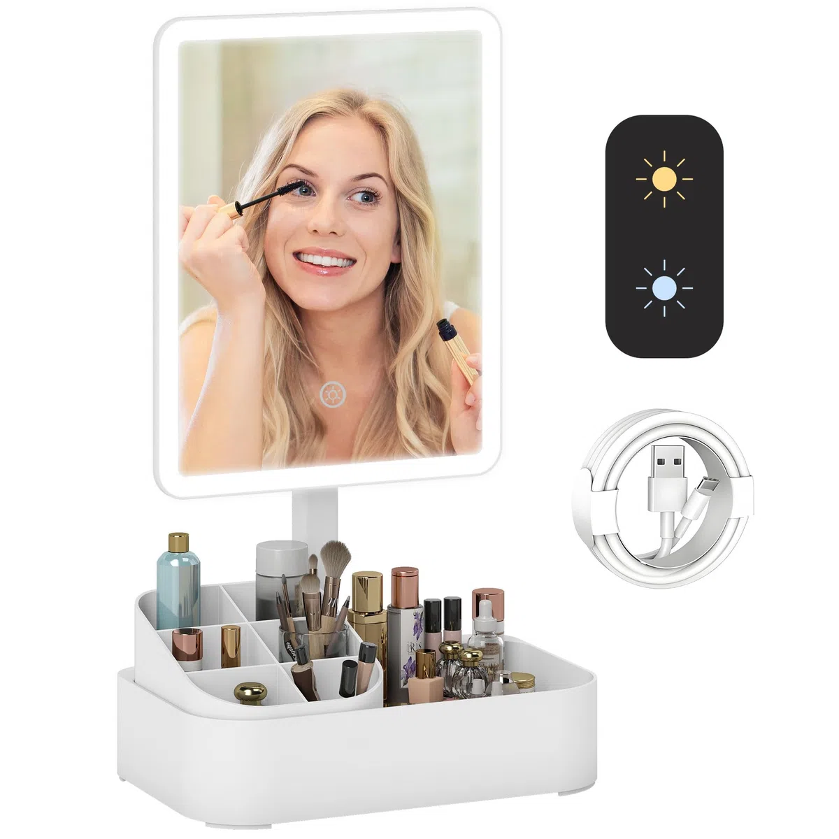 HOMCOM Specchio da Trucco con Luce Dimmerabile, Specchio Illuminato con Regolazione Touch, 2 Modalità di Illuminazione, Rotazione 180°, Specchio Rimovibile e Organizer per Trucchi, Bianco