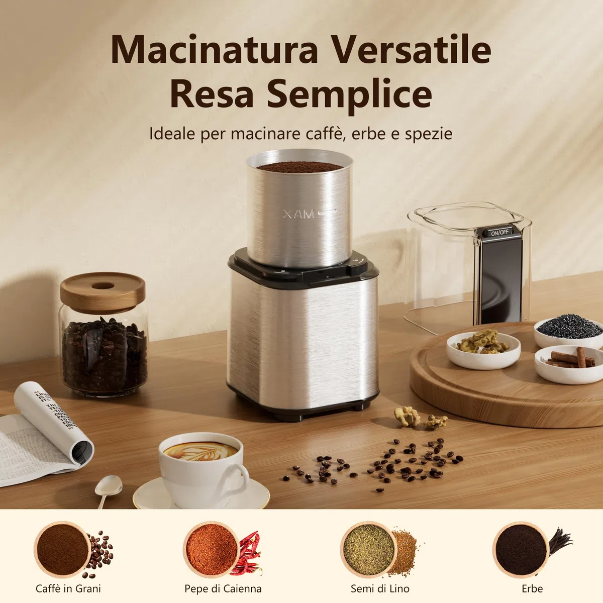 QEXREED Macina Caffe' Elettrico 150W, Macinacaffè Elettrico con Contenitori Rimovibili in acciaio inossidabile, 60g Capacità, per Chicchi di Caffè, Spezie, Cereali, Pepe, Noci