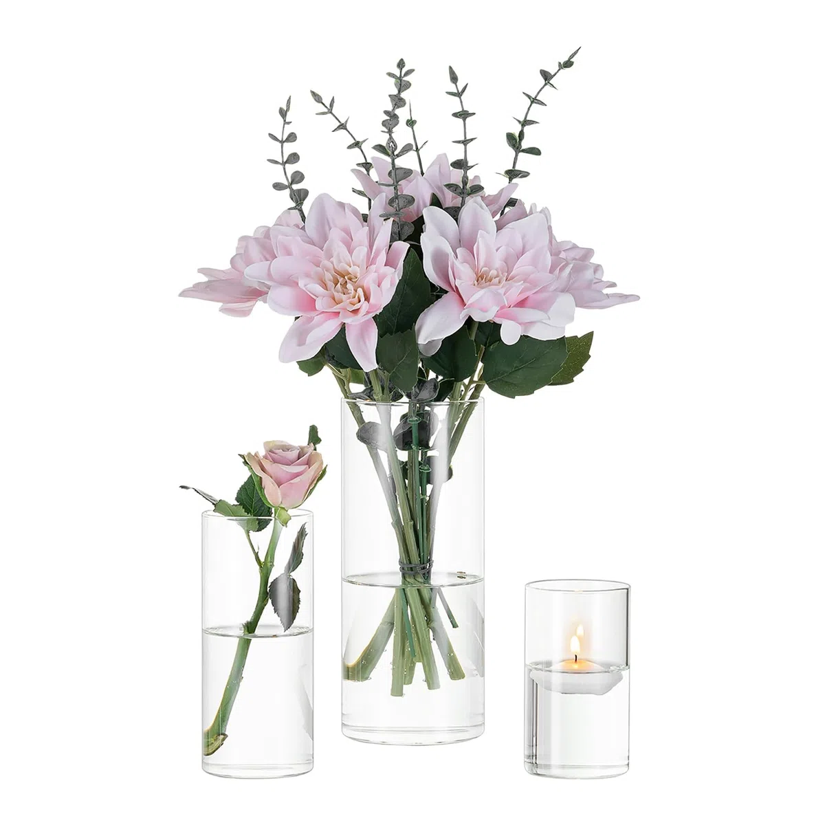 Cilindro Vaso Per Fiori In Vetro Trasparente, 3 Pezzi/Set Glasseam Modern Basic Vasi Per La Decorazione Della Tavola Centrotavola Matrimoni Fiori Rose Pampa Per Soggiorno Ornamenti, 10/15/20 Cm Alto