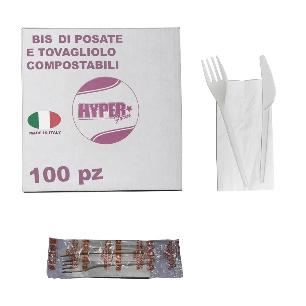HYPER form Set Posate Biodegradabili e Compostabili con Forchetta e Coltello, imbustato singolarmente con Tovagliolo, Bis 100 Pezzi, Made in Italy (100)